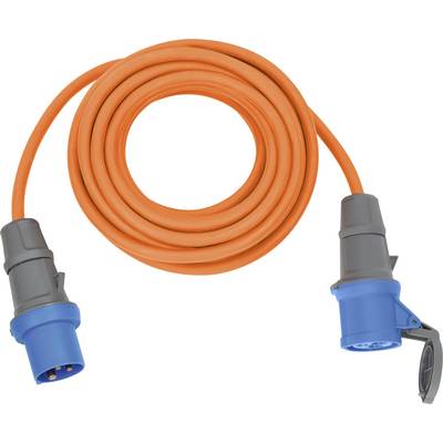 Coiled orange electrical extension cable with blue and gray industrial plug connectors on both ends.