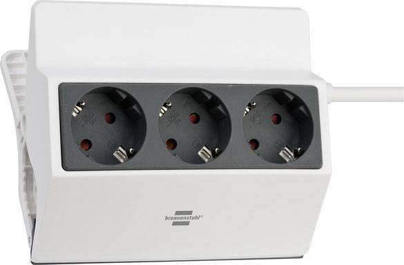 'White power strip with three black sockets, slightly angled. Brand: Brennenstuhl.'