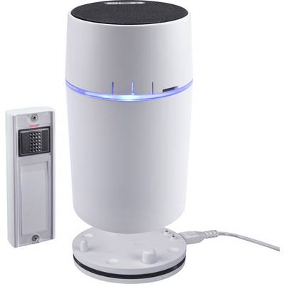 A white wireless speaker with a blue LED light is positioned next to a white rectangular, battery-operated doorbell.