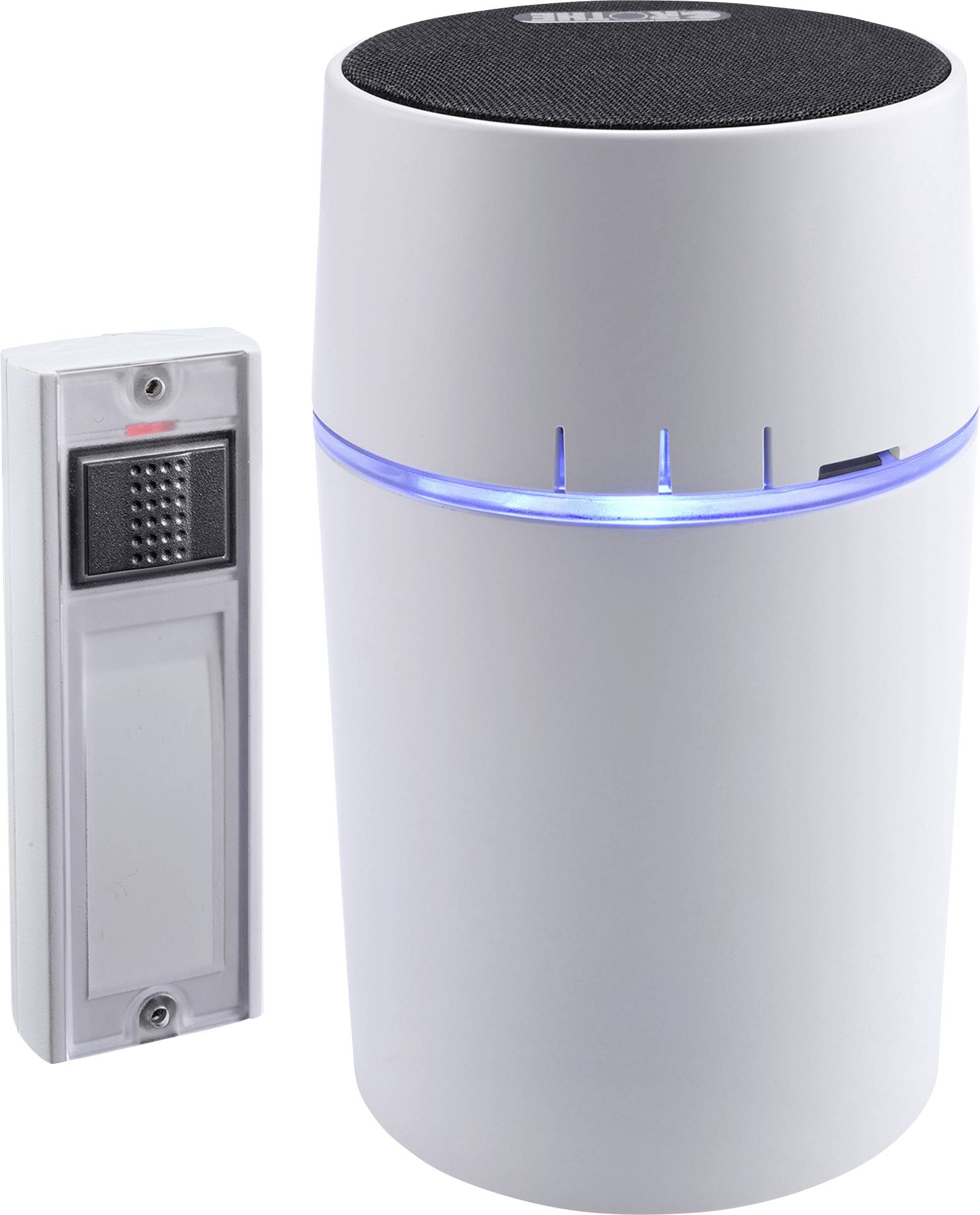 A white, cylindrical radio chime with a speaker and a blue illuminated indicator stands next to a rectangular doorbell button.
