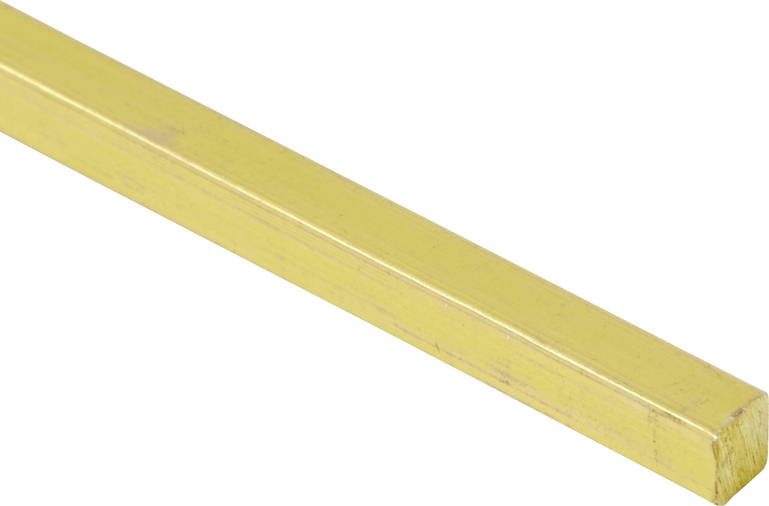 A long, rectangular brass rod with a shiny surface, lies diagonally in the image and displays its smooth edges.