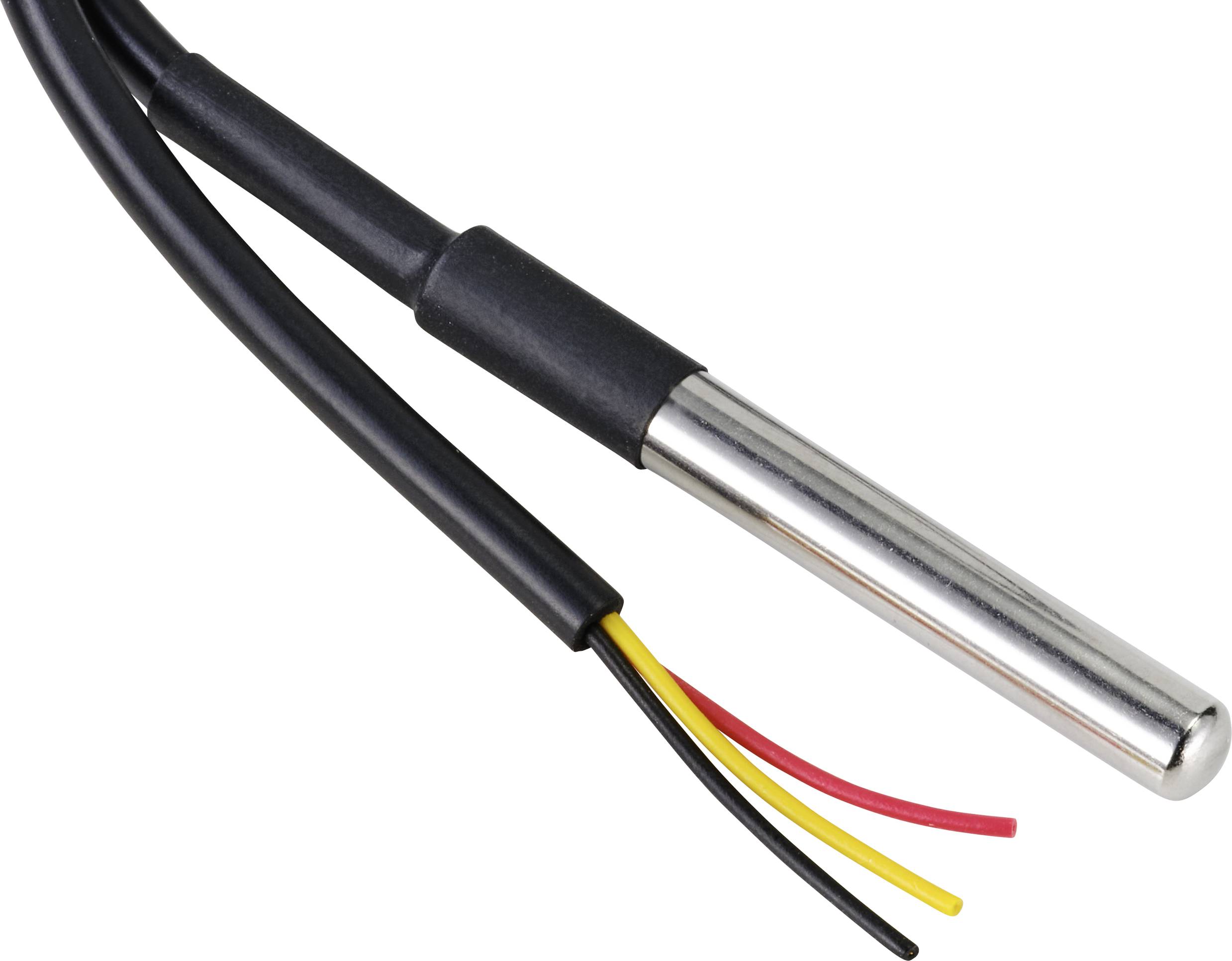 Metal cylinder with three differently coloured wires (yellow, red, black) visible.