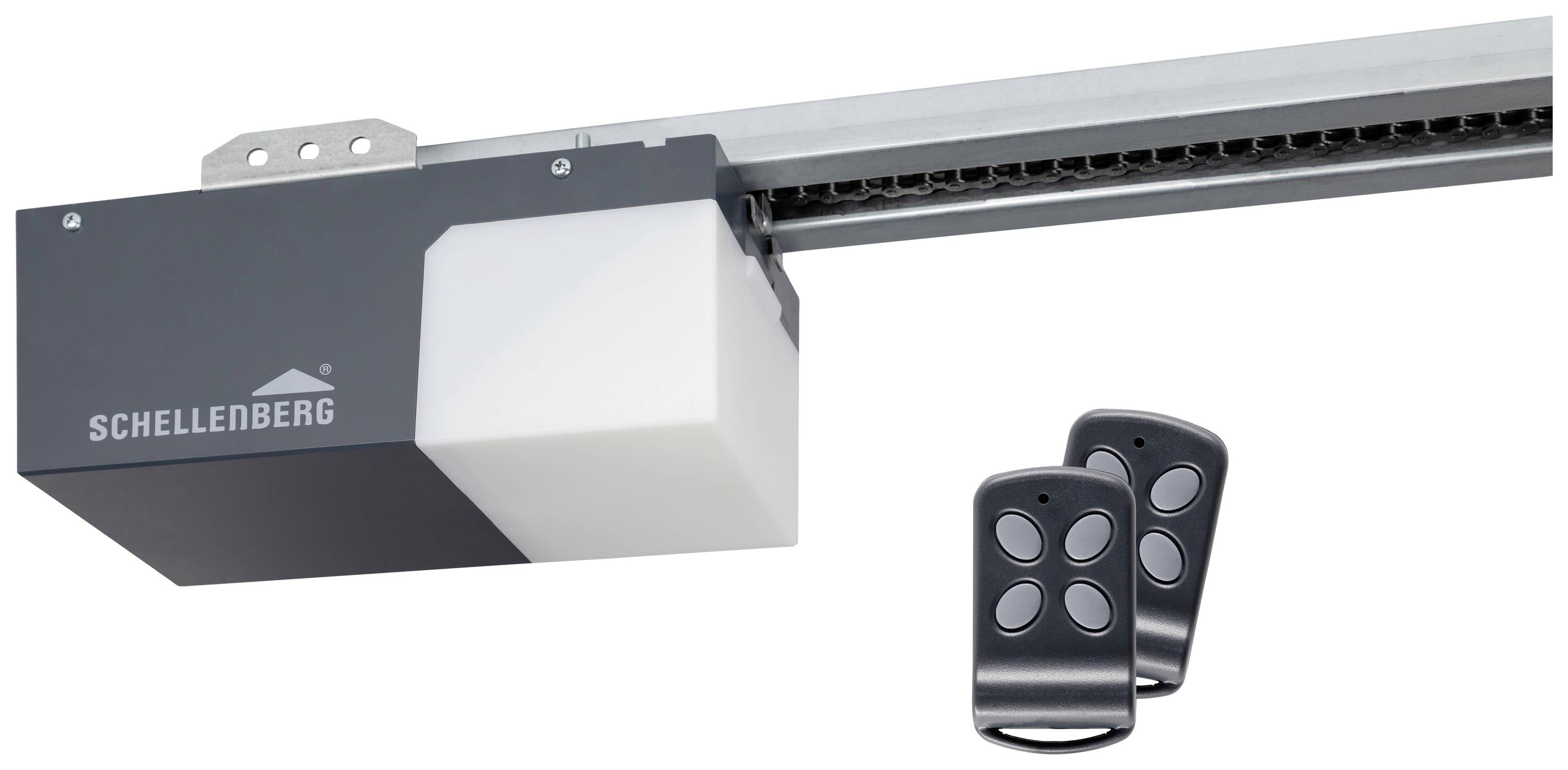 Schellenberg garage door drive with rail and two remote controls. Suitable for automatic operation of garage doors.