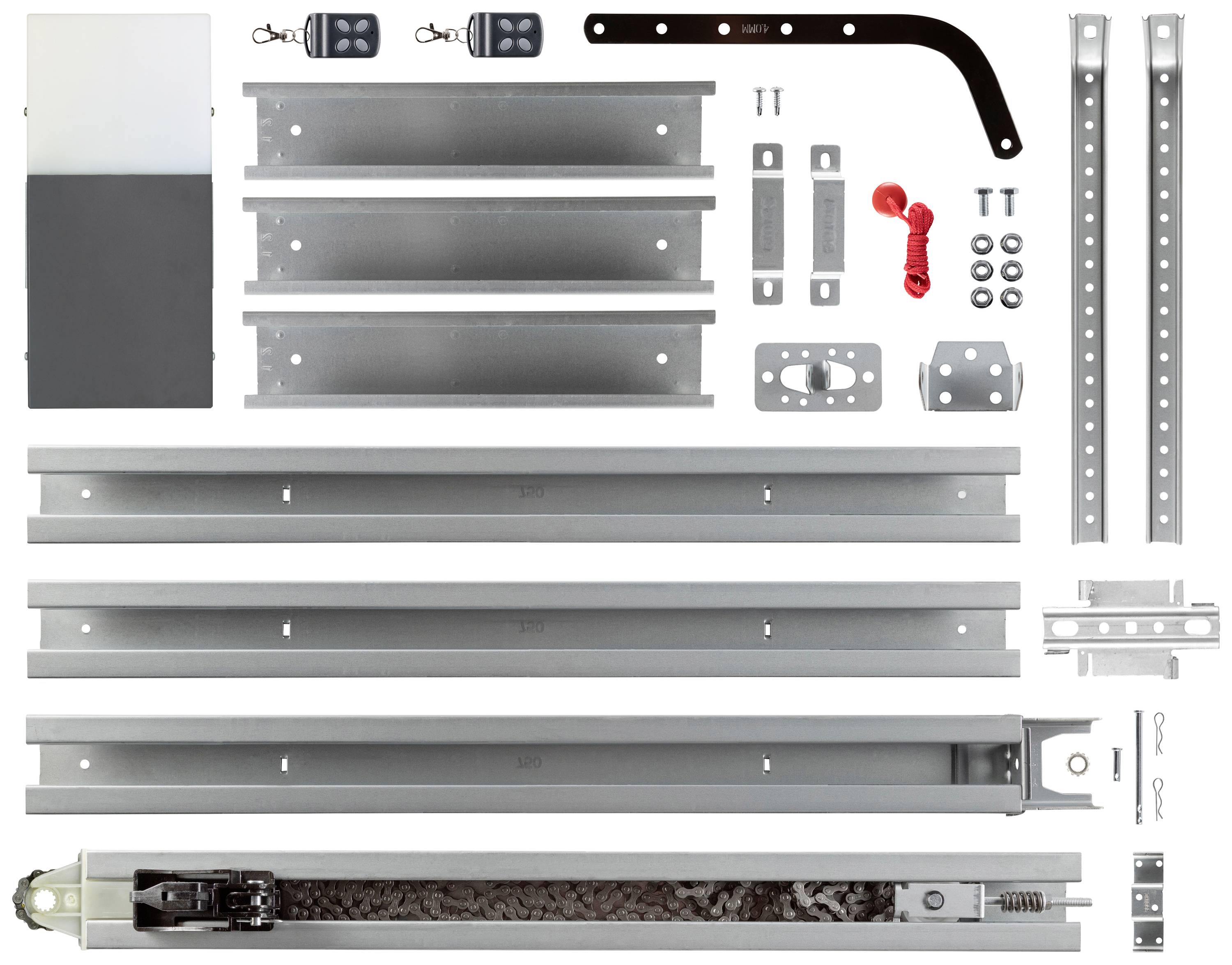 Gate drive component set with metal rails, bolts, fixings and two remote controls.