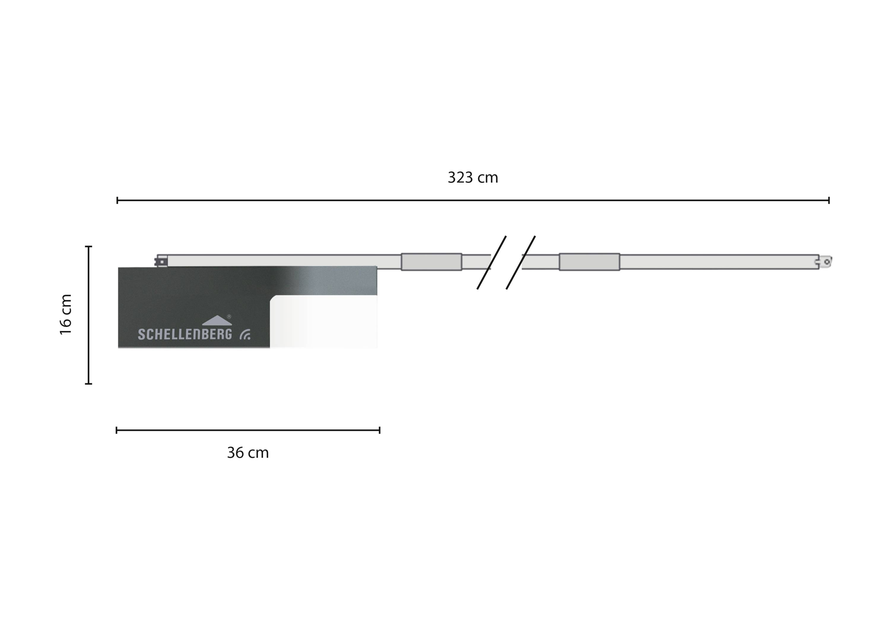 Dimensions of a Schellenberg Garage Door Opener: Length 323 cm, Height 16 cm, Additional Component 36 cm.