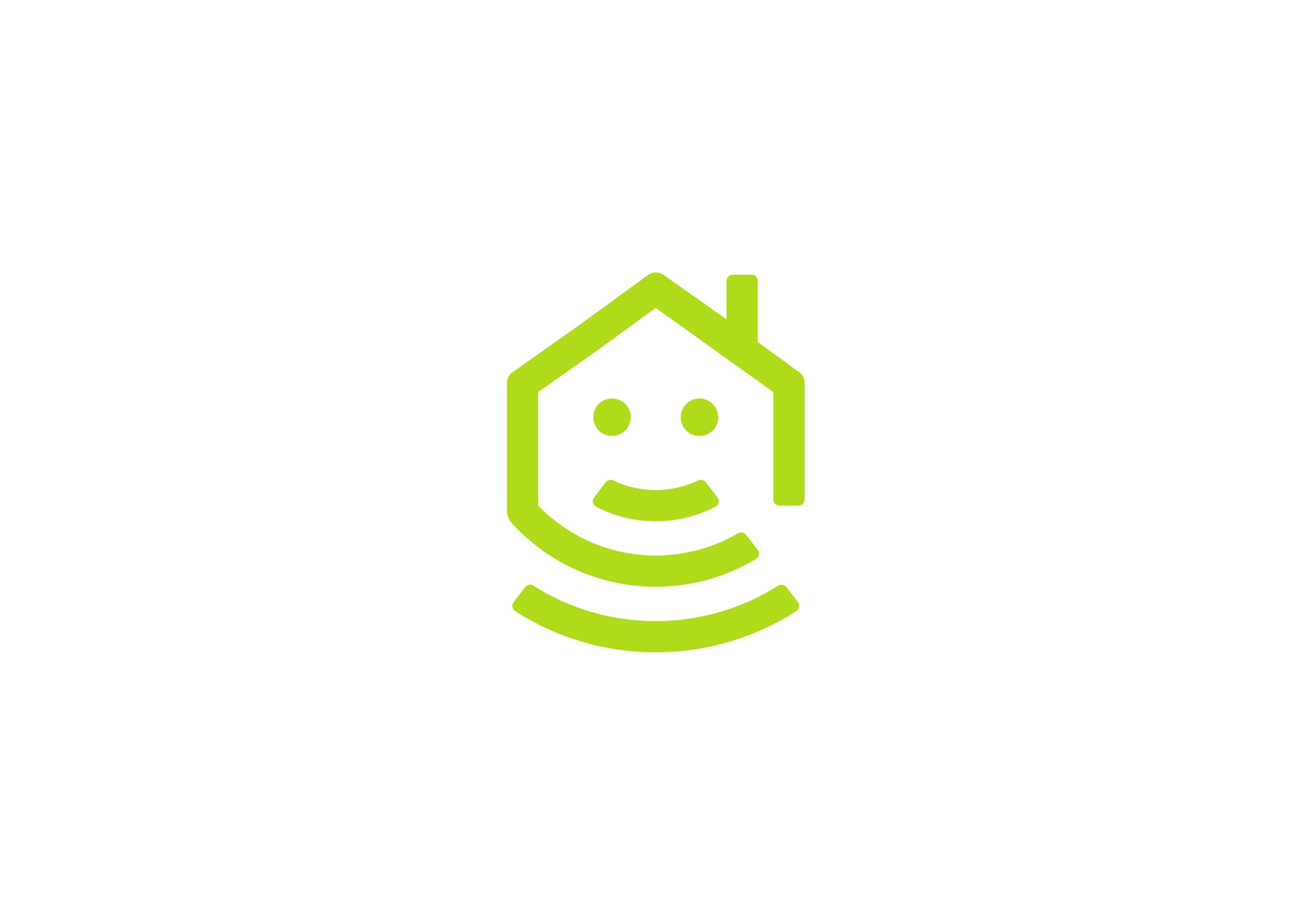 A green, stylised house logo with a smiling face and wavy lines underneath, symbolising home and technology.