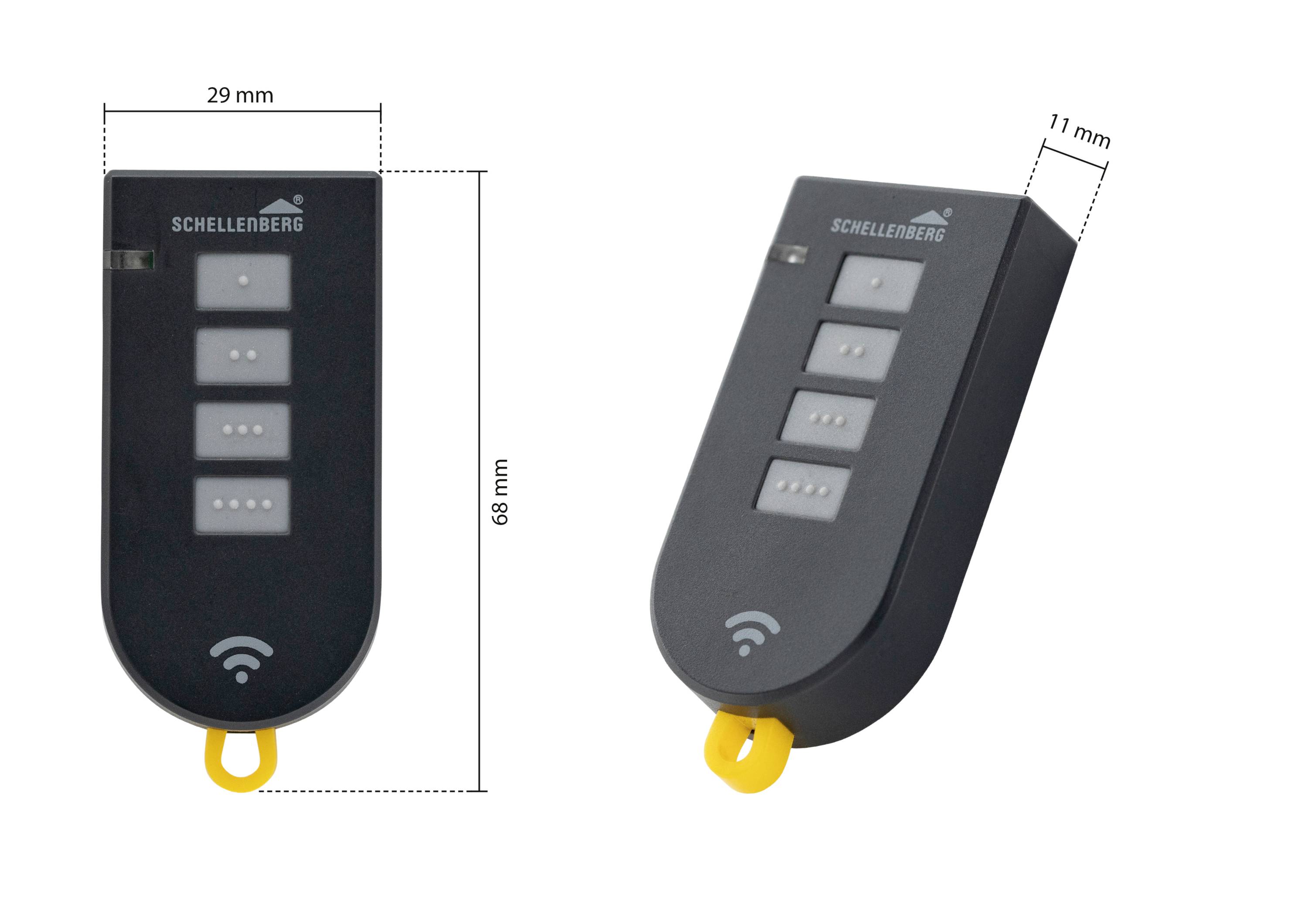 A Schellenberg radio remote control, with four buttons and a yellow key fob. Dimensions: 29mm width, 68mm height, 11mm depth.