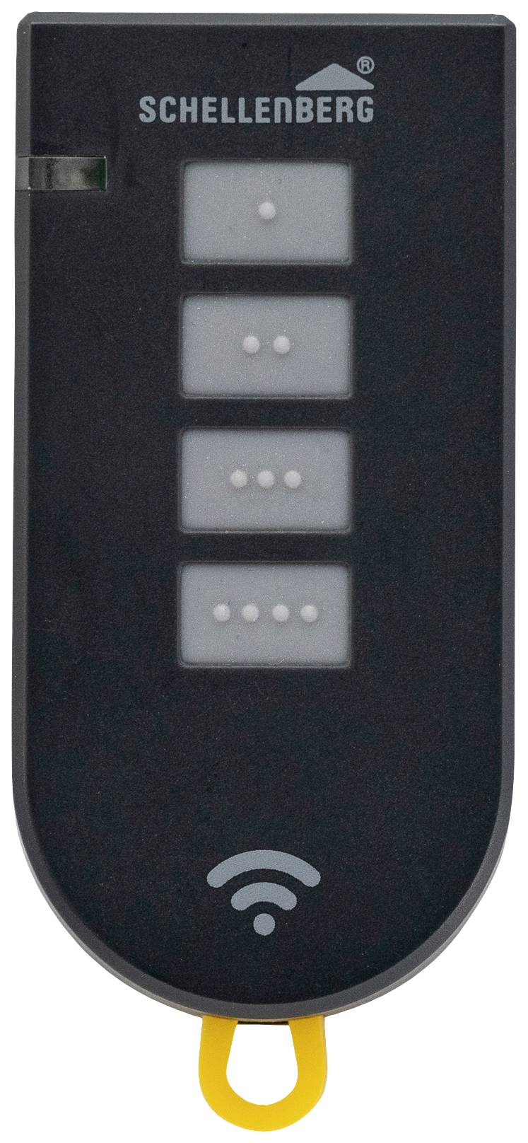A black Schellenberg remote control with four grey buttons displaying white dots. At the bottom, there is a Wi-Fi symbol.