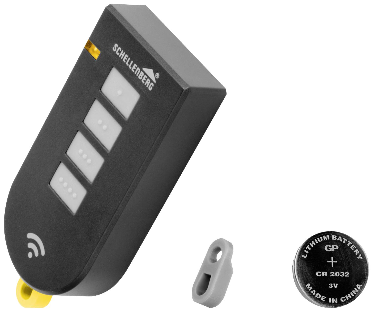 A black handheld radio transceiver with three buttons, next to a grey battery compartment cover and a round CR 2032 lithium battery.