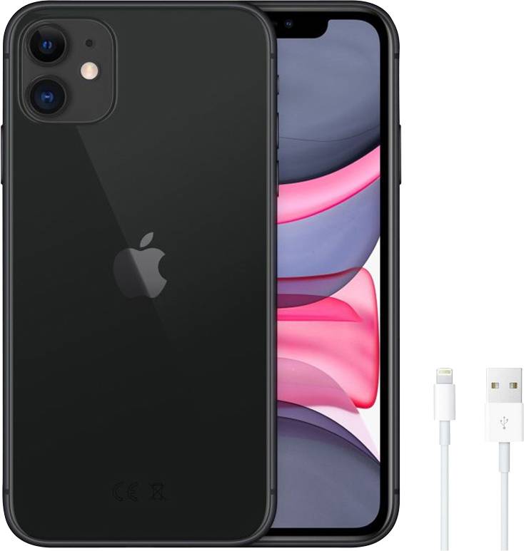 Black smartphone with Apple logo, front screen displaying vibrant pink and gray abstract image. USB lightning charging cable beside it.