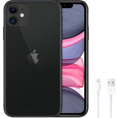Black smartphone with Apple logo, front screen displaying vibrant pink and gray abstract image. USB lightning charging cable beside it.