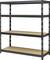 Metal shelving unit with four shelves, suitable for storage in an office or workshop. Robust black frame with wooden shelves.