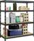 Cellar shelving unit with four shelves, holding various items: plastic bottles, boxes, garden hose, tyres, stones, gas canister.