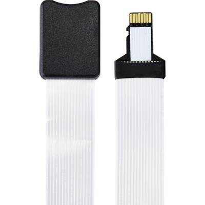 Broad white ribbon cable with rectangular connectors at both ends. One of the connectors shows exposed golden contacts.