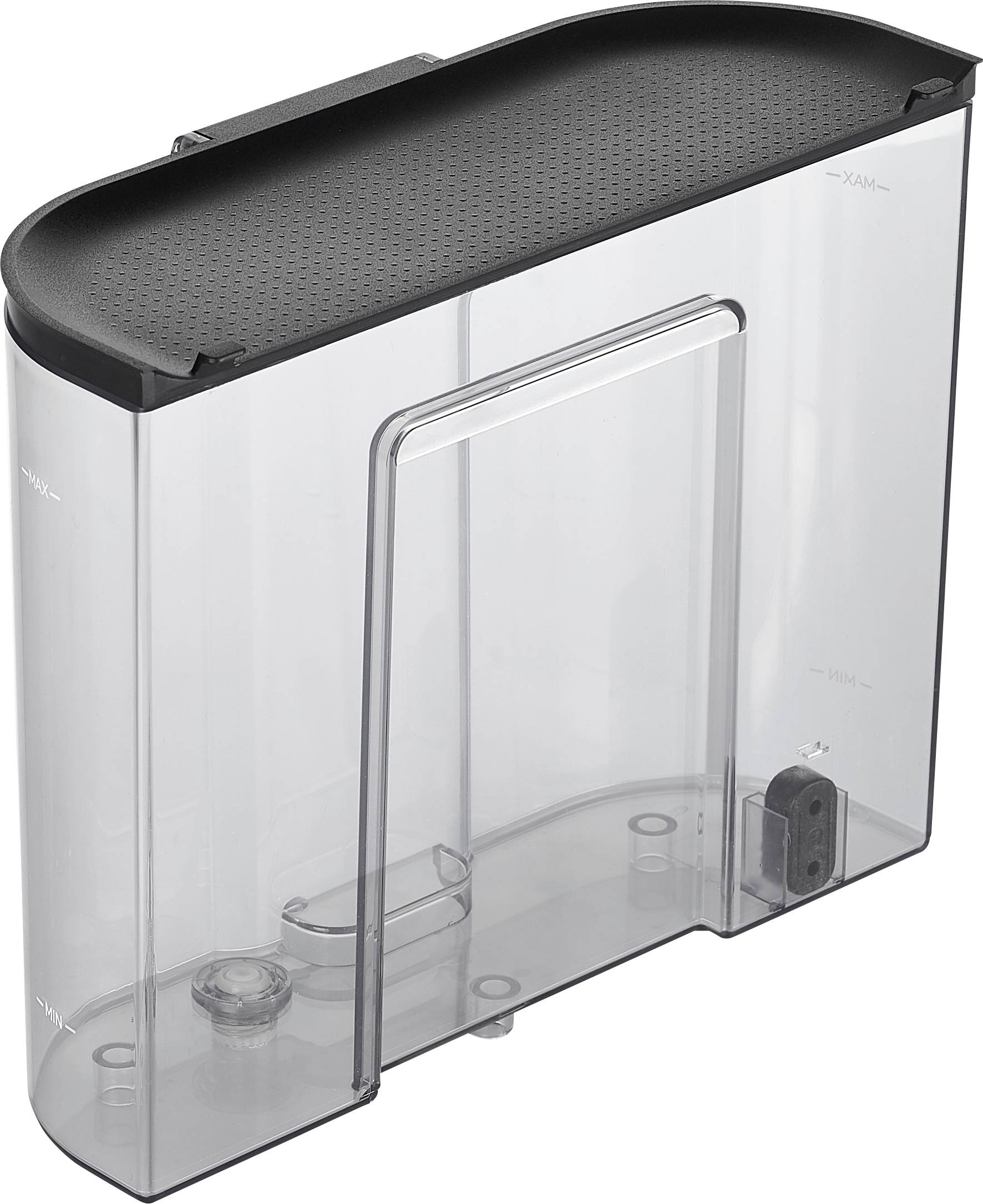 Translucent water tank with a black, perforated lid in an oval shape, suitable for household appliances.