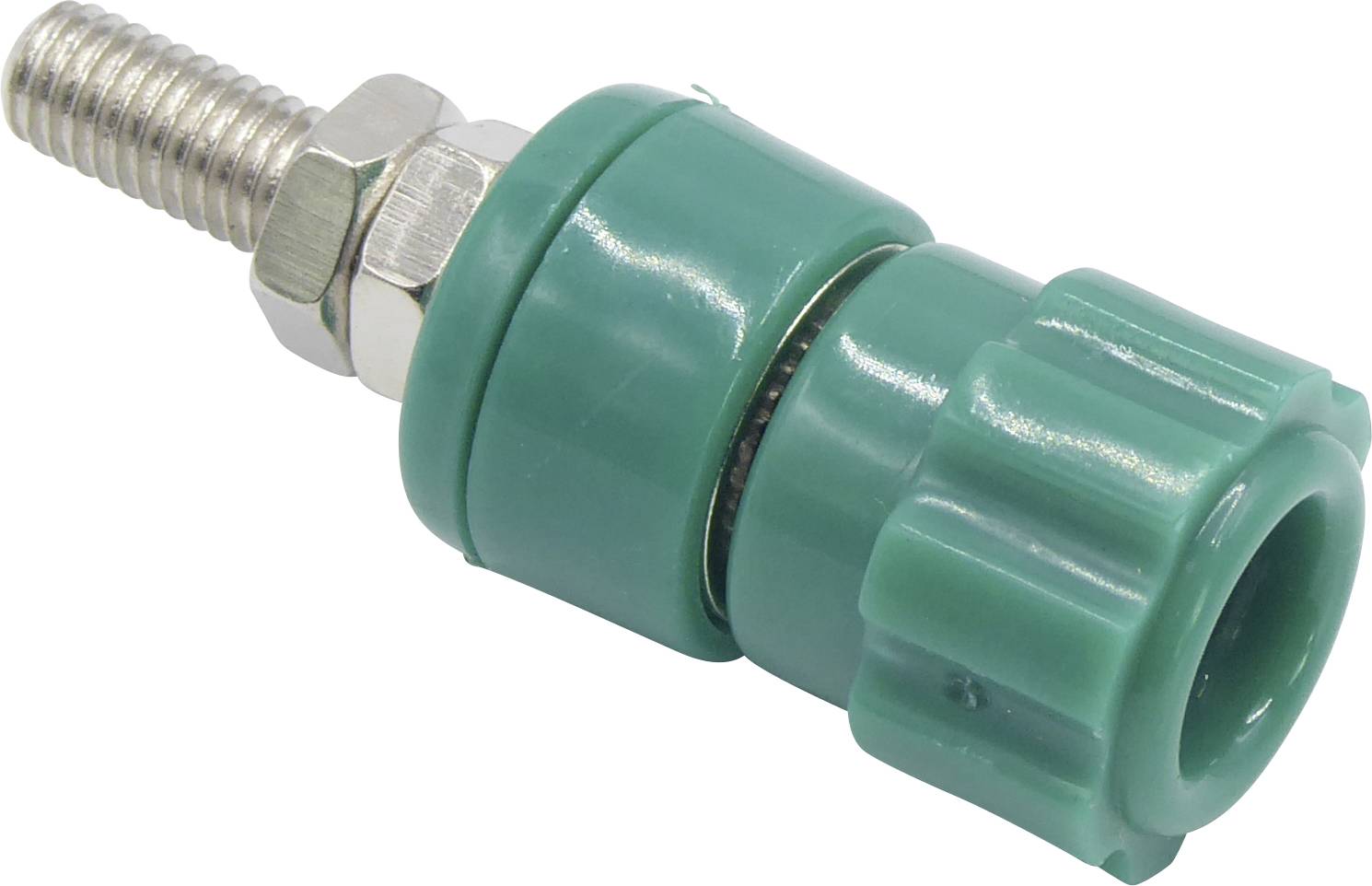 Green plastic pipe fitting with metal thread, suitable for pipe connections in plumbing or garden applications.