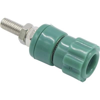 Green plastic pipe fitting with metal thread, suitable for pipe connections in plumbing or garden applications.