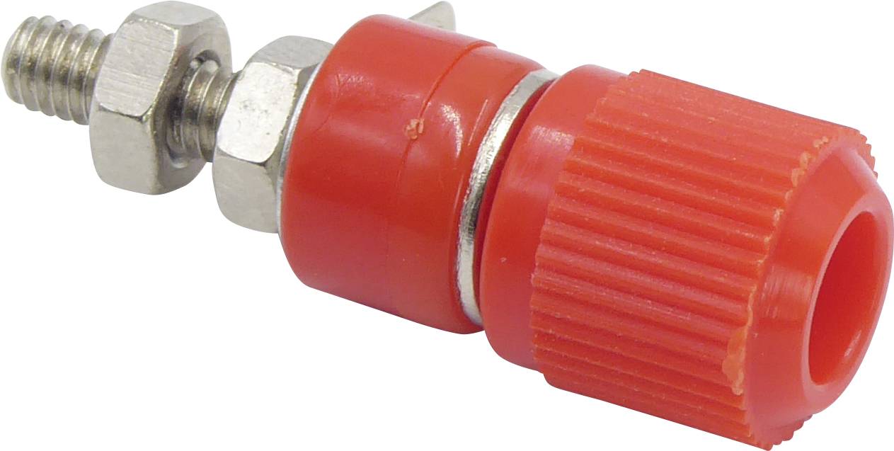 Red screw connection with metal nut and bolt, possibly an electronic or technical connector.