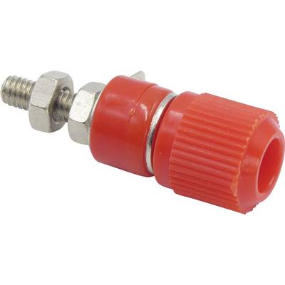 Red screw connection with metal nut and bolt, possibly an electronic or technical connector.