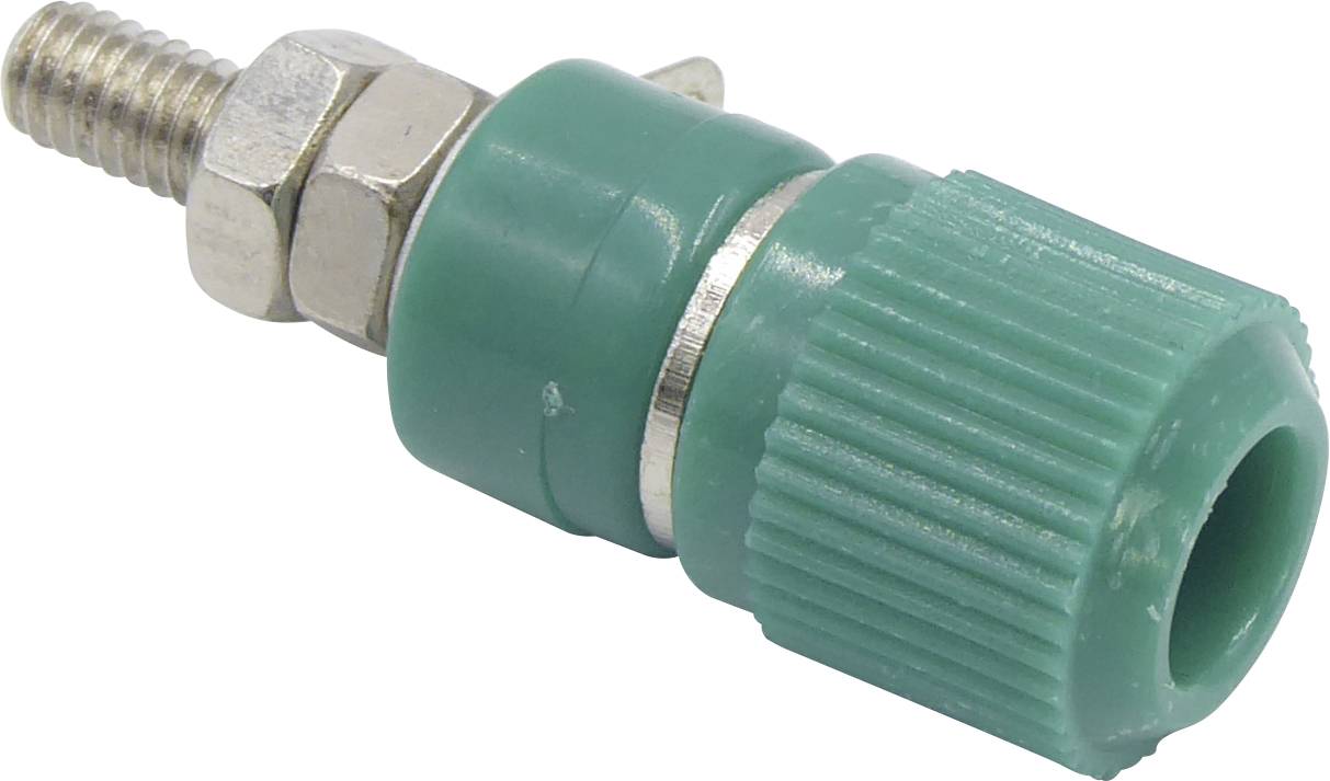 A green, cylindrical plastic connector with a metal thread and screw. Commonly used in electrical applications.
