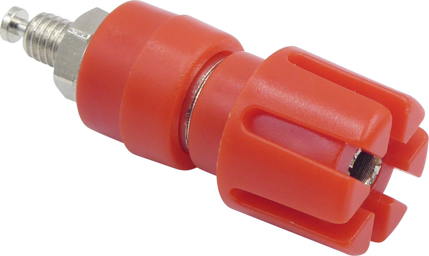 Red plastic drainage valve with metal threading, used for draining liquids from containers.