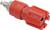 Red plastic drainage valve with metal threading, used for draining liquids from containers.