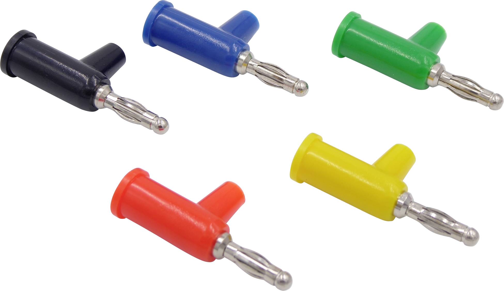 Five colourful banana plugs: black, blue, green, red, and yellow. They are used in electronic connections.