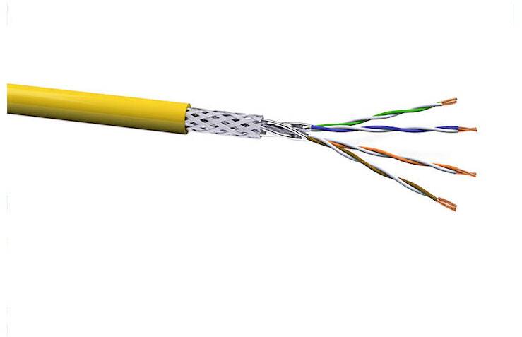 Pictured is a cross-sectioned yellow network cable with four twisted wire pairs.