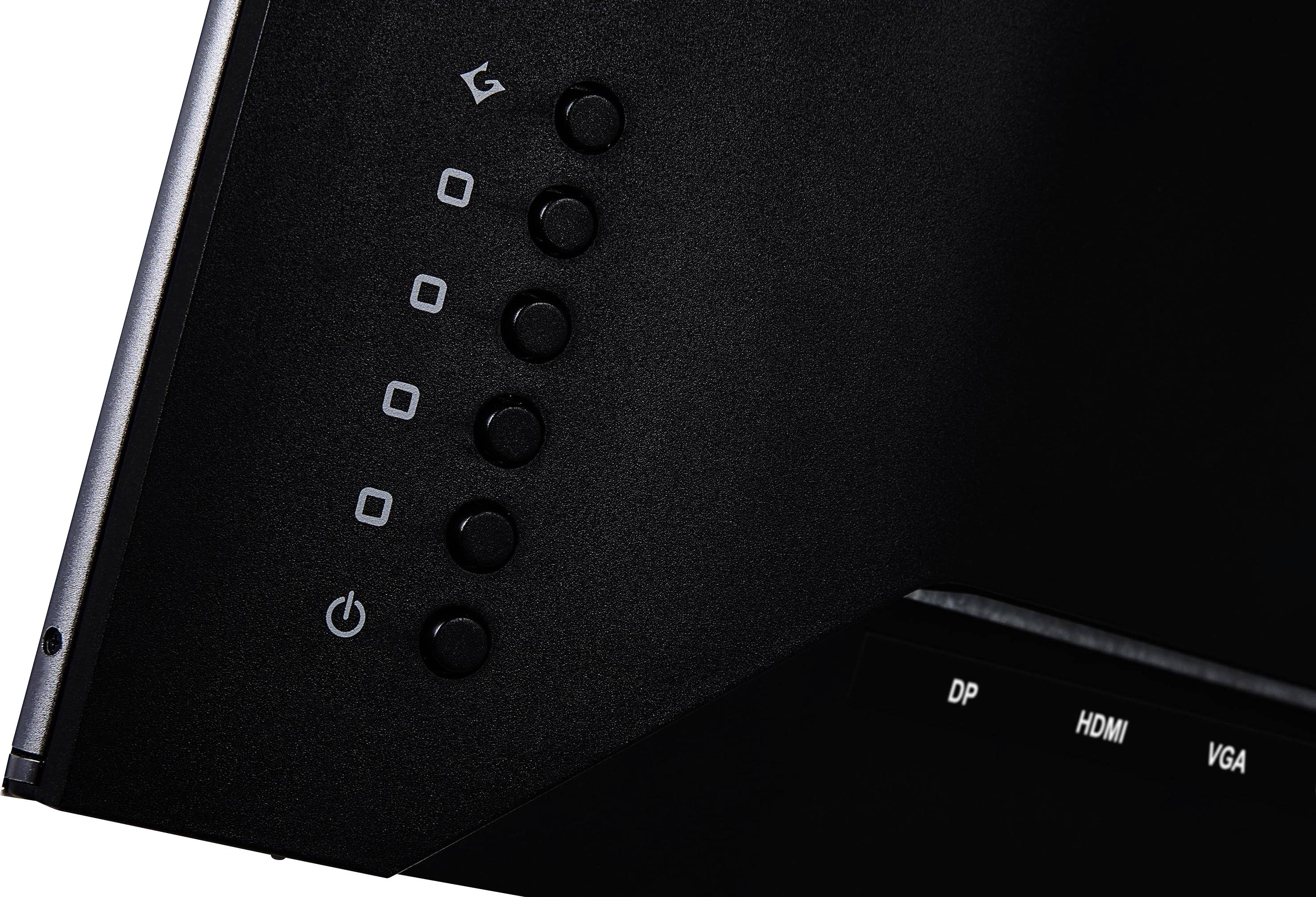 A black monitor with six buttons on the right-hand side. The buttons are labelled with symbols, including the power on/off switch.