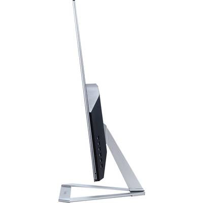 An ultra-thin monitor from a side view, with a sleek metal stand and multiple ports on the side.