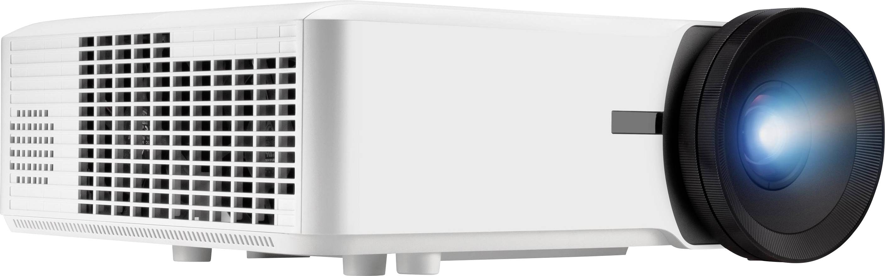 White projector with illuminated lens, ready for projection.