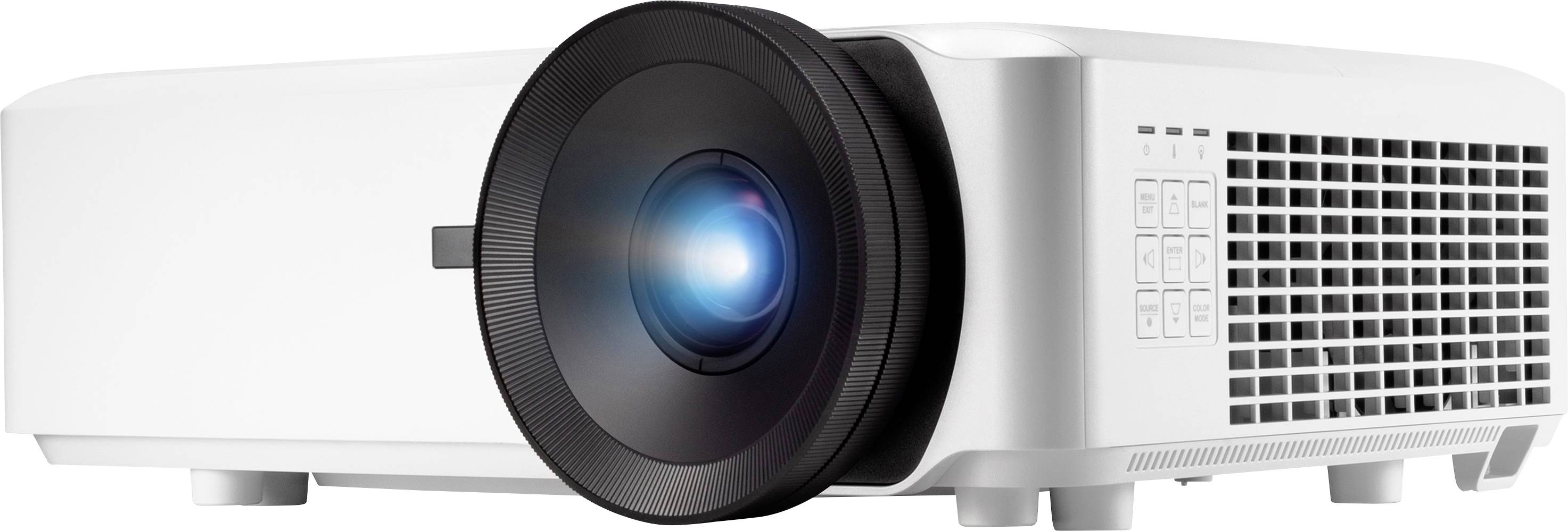 A white projector with a large lens is casting a blue light. It is positioned on a table and ready for a presentation.