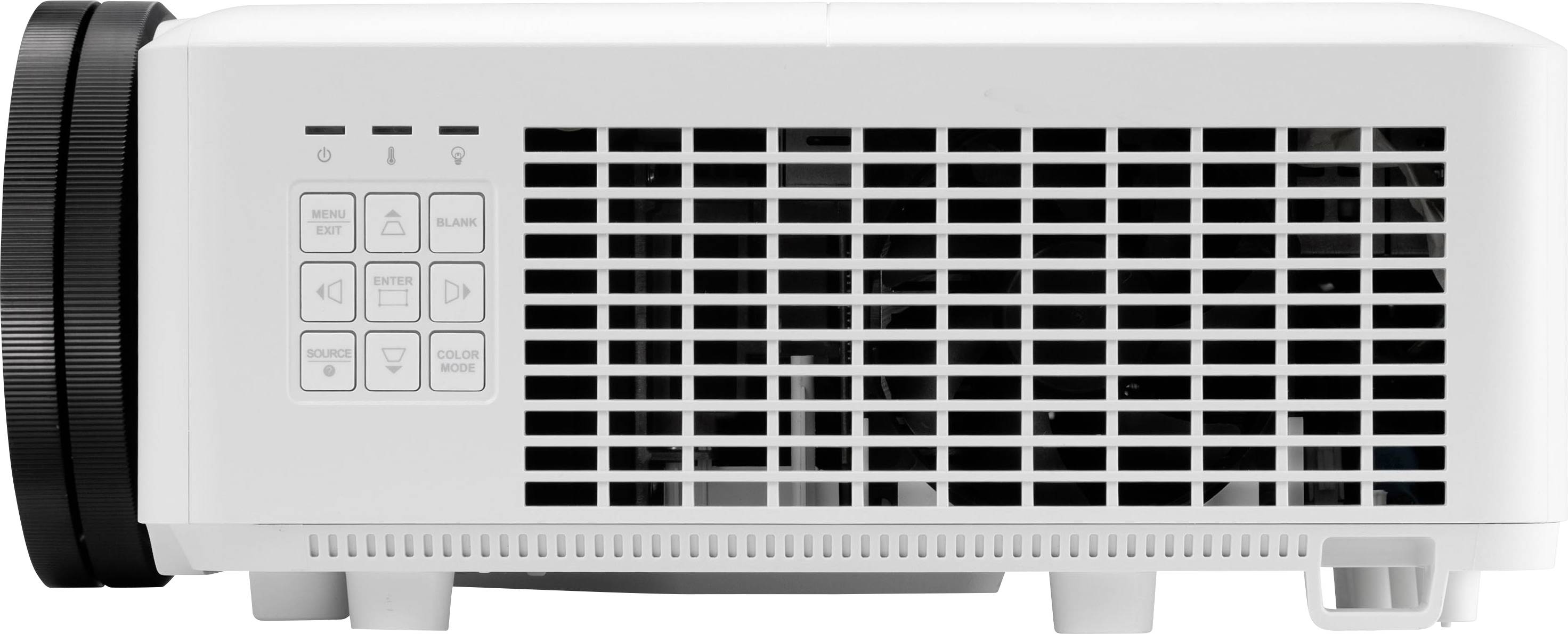 A white projector with side ventilation grilles and control buttons, suitable for displaying presentations or videos.