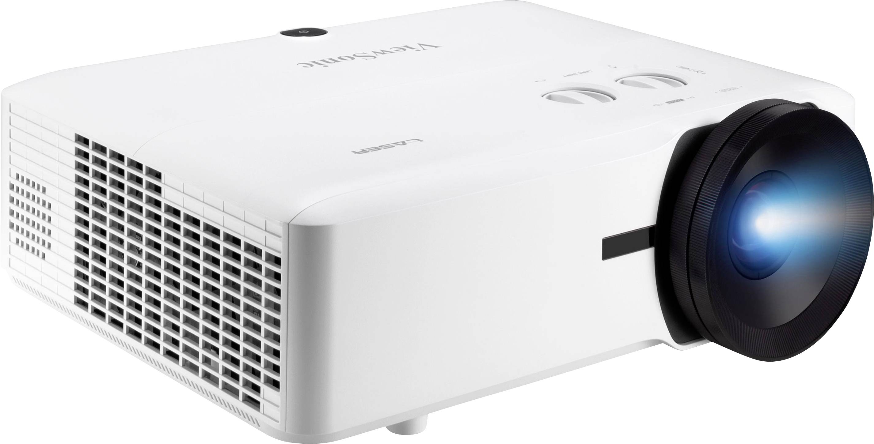 'White projector with illuminating light on black lens. Angled front view, suitable for presentations.'