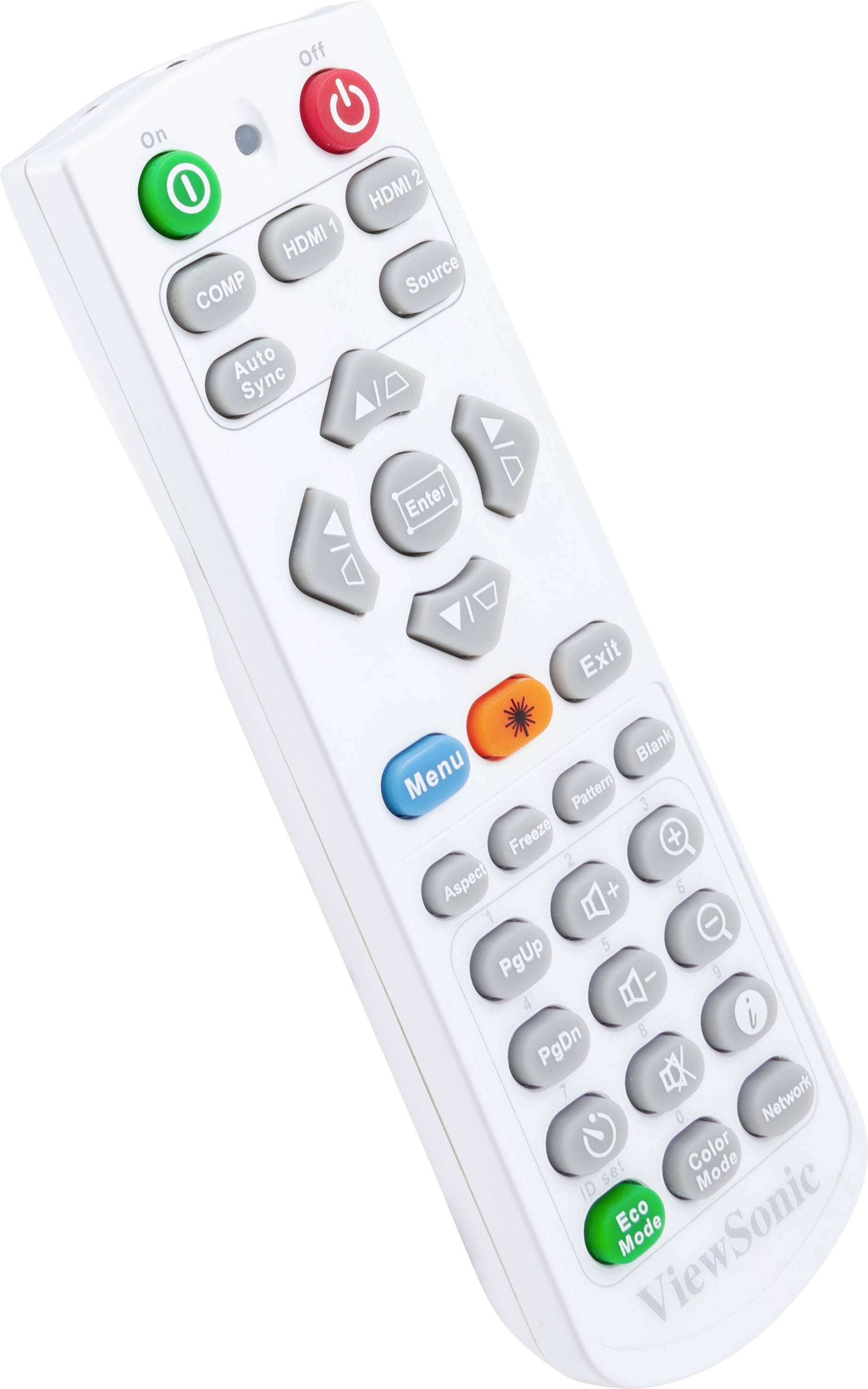 White remote control with buttons for menu, volume, input selection, and more. Brand names and symbols are visible, key operational controls.