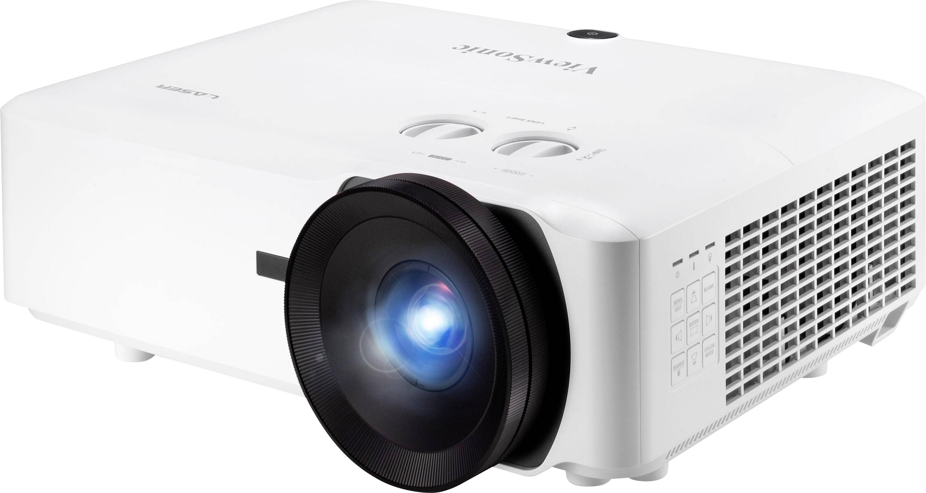 A white projector with a large lens and blue light, suitable for presentations or home cinema, placed on a table.