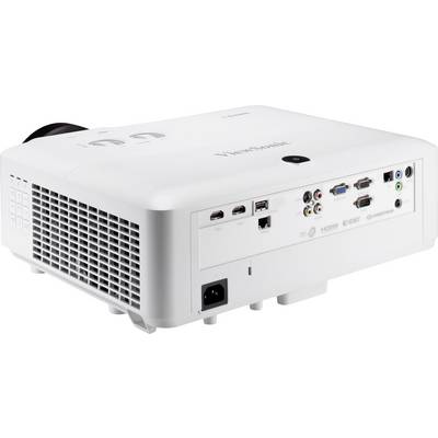 A white projector with multiple ports on the back, including HDMI, VGA, and USB. Suitable for presentations and media playback.