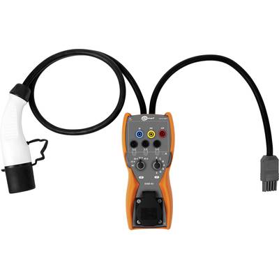 An orange testing device for electric vehicle chargers with cables and connectors, designed to test charging functionality.