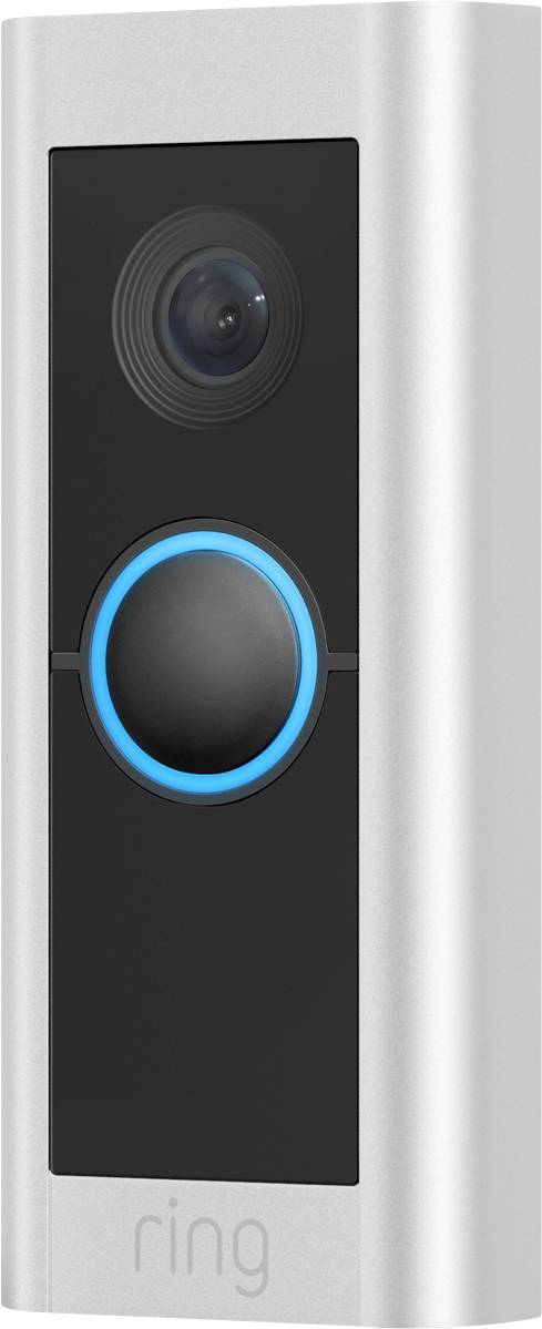 Silver video doorbell with camera at the top and illuminated button underneath.