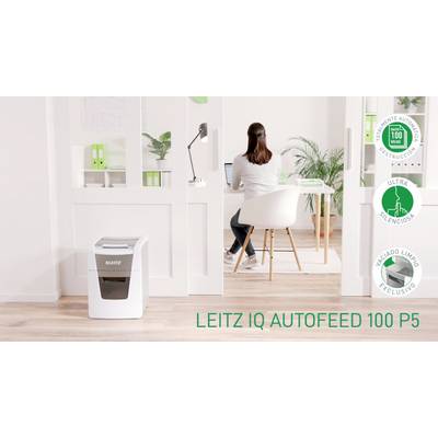 Woman at desk with laptop, in the foreground a Leitz IQ Autofeed 100 P5 document shredder, text 'Leitz IQ Autofeed 100 P5'.