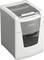 Grey Leitz paper shredder with a transparent window displaying shredded paper. Automatic and manual function buttons on the top.