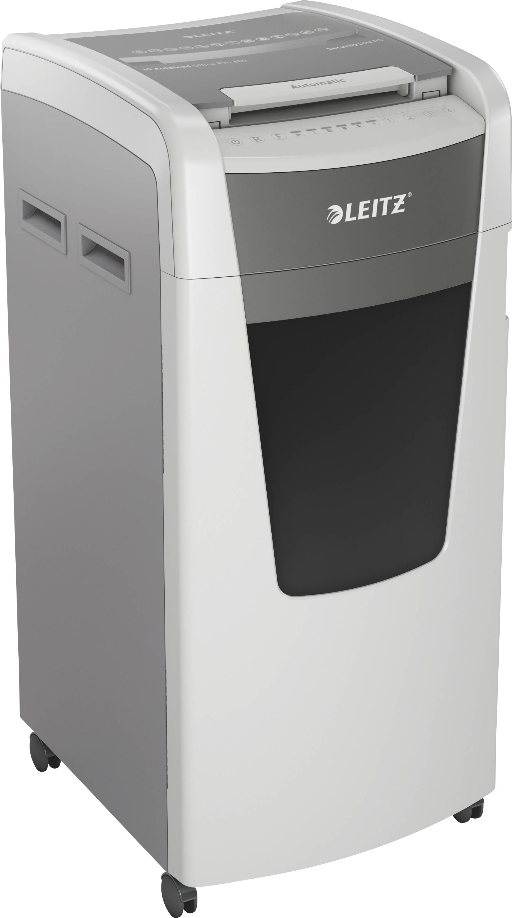A grey paper shredder on wheels, with paper feed at the top and a large collection bin. Brand logo visible on the top of the device.