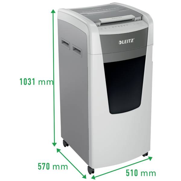 Leitz office paper shredder, rectangular shape, dimensions: 1031 mm high, 570 mm deep, 510 mm wide.