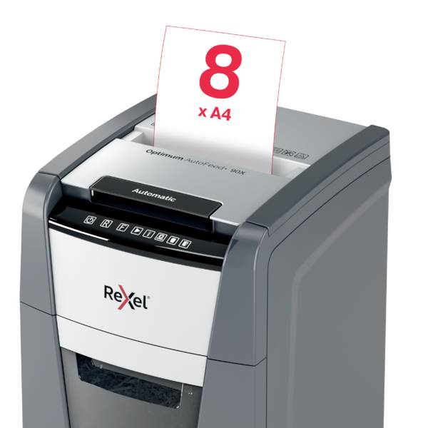 Rexel Optimum AutoFeed+ 90X Document shredder 90 sheet Micro-cut 4 x 28 mm P-4 34 l Also shreds Paper clips, Staples, Cr-7