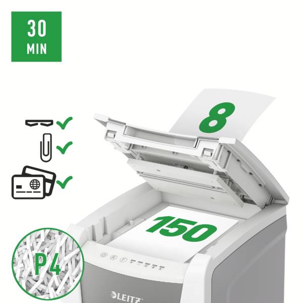 A paper shredder that cuts paper into small pieces. On the side, a green display shows '30 Min', with symbols indicating security level P4.
