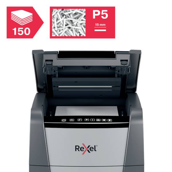 Rexel Optimum AutoFeed+ 150M Document shredder 150 sheet Micro-cut 2 x 15 mm P-5 44 l Also shreds Paper clips, Staples, -5