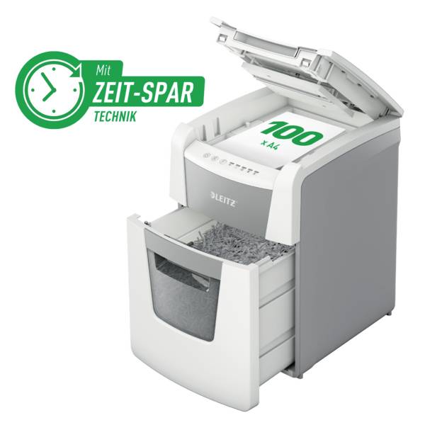 A paper shredder with an open flap and text 'Time-Saving Technology' displays a sheet with '100 x A4', alongside shredded paper.