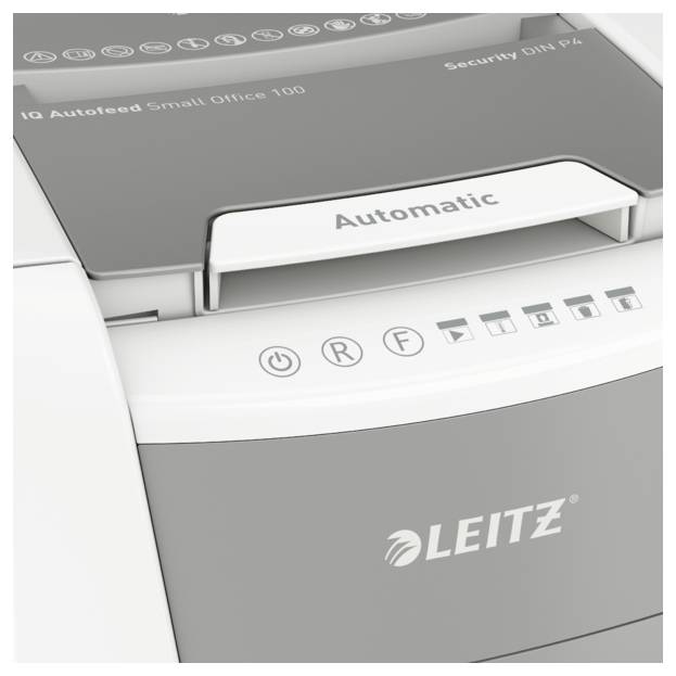A Leitz automatic paper shredder with operational buttons for start, stop, and reverse.