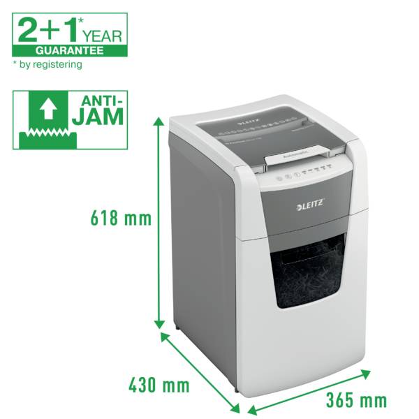 Leitz paper shredder with dimensions 618 mm x 365 mm x 430 mm. Includes a 2+1 year warranty upon registration and anti-jam function.