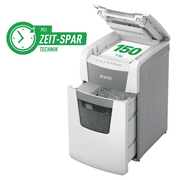 A paper shredder with an open lid shows shredded paper. A green logo emphasises 'TIME-SAVING TECHNOLOGY' and '150'.